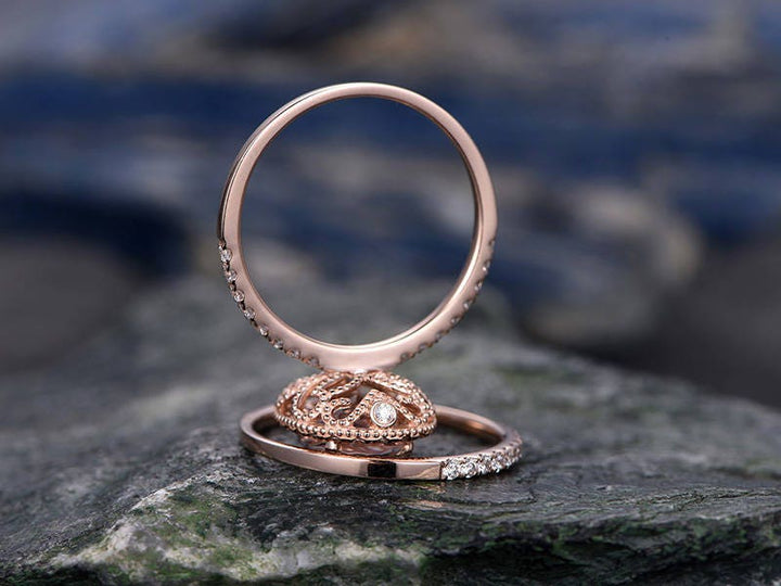 3pc Halo cluster moissanite ring natural emerald ring pink morganite engagement ring rose gold matching wedding band vintage bridal ring set