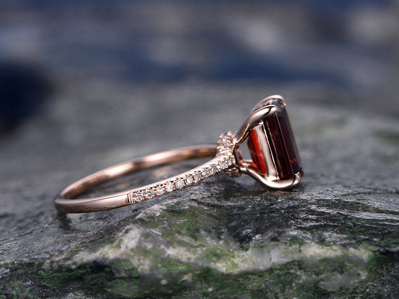 Red Garnet engagement ring-14k Rose gold-handmade real diamond bridal ring-Classic Design-8x6mm Emerald Cut gemstone promise ring-birthstone