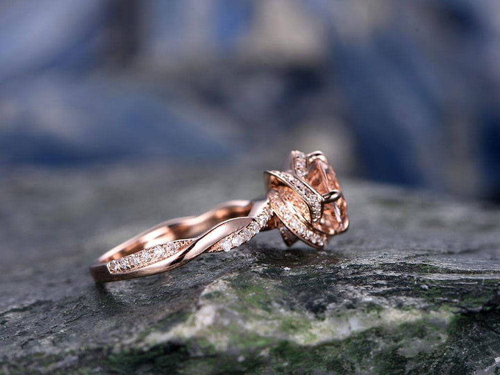 Morganite engagement ring solid 14k rose gold ring unique under halo diamond ring art deco twisted antique flower weddig bridal promise ring