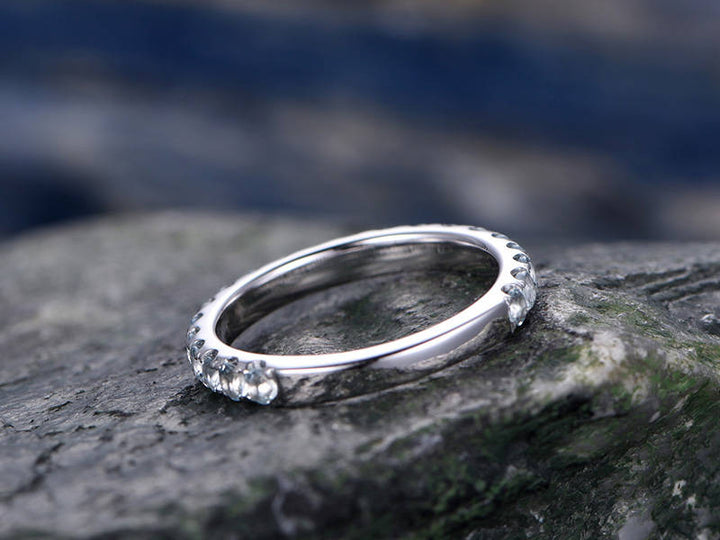 Natural Aquamarine engagement ring-Solid 14k white gold wedding band-half eternity stacking matching band-Round gemstone promise ring