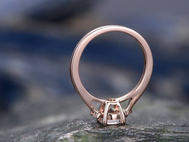 Morganite engagement ring solid 14k rose gold three stone ring real diamond ring unique vintage gift wedding bridal promise anniversary ring