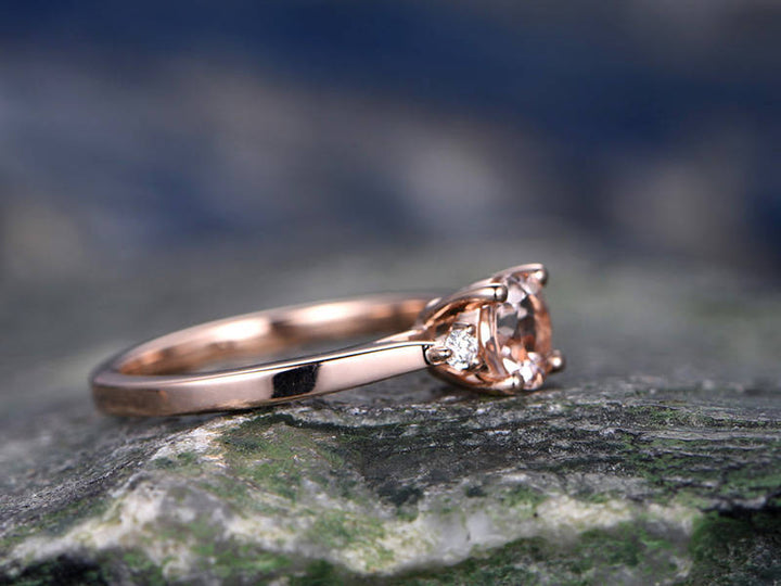 Morganite engagement ring solid 14k rose gold three stone ring real diamond ring unique vintage gift wedding bridal promise anniversary ring