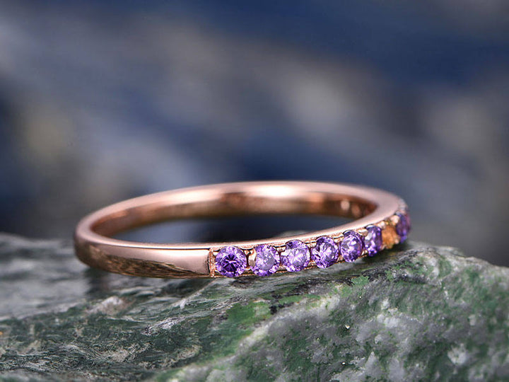 Natural 2mm Round Amethyst wedding ring with center Citrine-solid 14k Rose gold-handmade unique ring-halfeternity-Matching band-Birthstone
