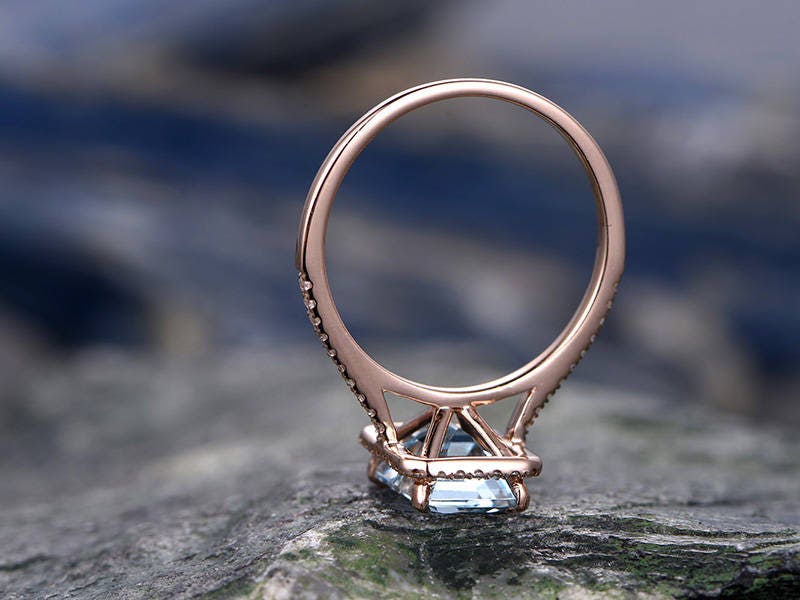 Emerald cut aquamarine engagement ring solid 14k rose gold custom half eternity diamond ring 6x8mm gemstone promise ring for her Antique