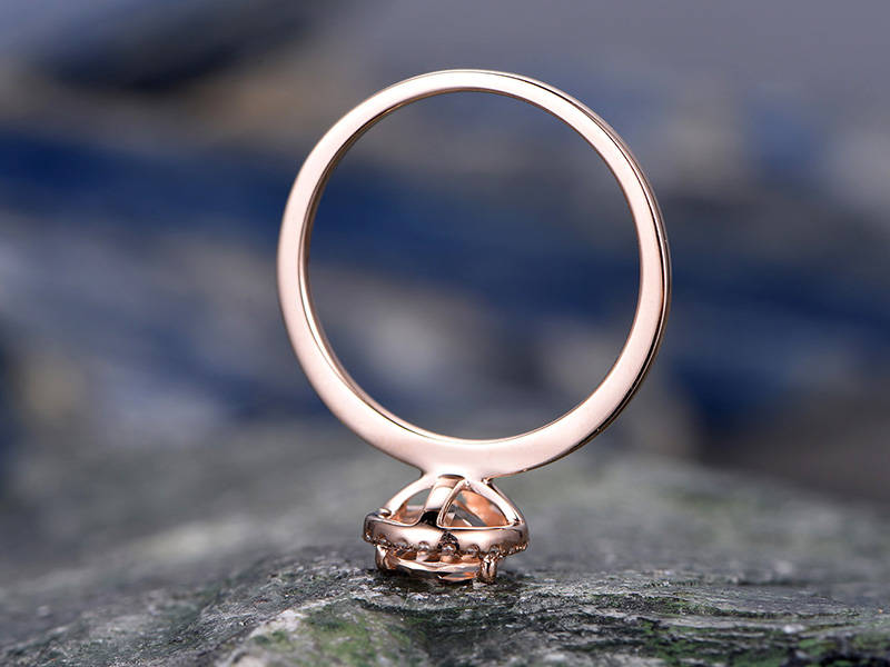 Pink morganite engagement ring solid 14k rose gold ring real diamond halo ring pear antique unique gift bridal wedding promise ring for her