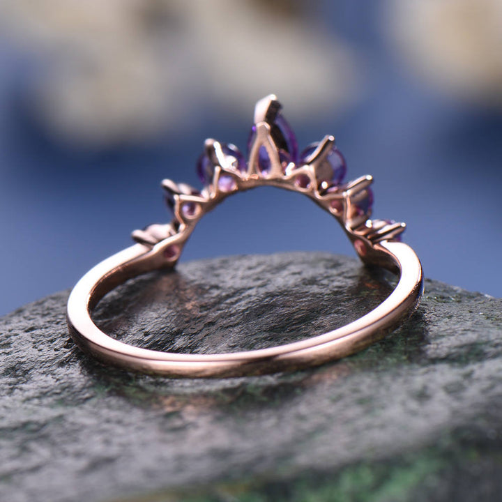 Natural amethyst wedding ring band 14k rose gold unique half eternity vintage petite curved crown matching promise engagement bridal ring