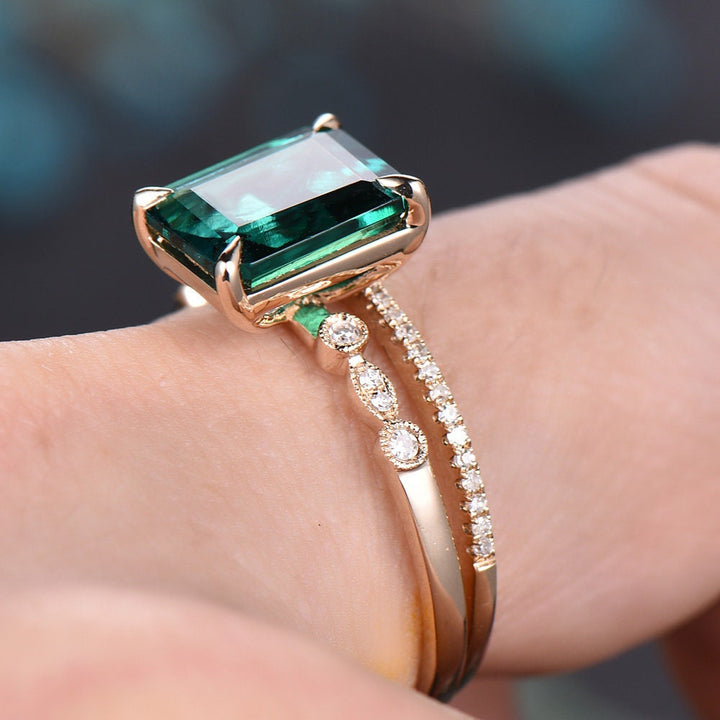 2pc emerald engagement ring set 14k yellow gold real diamond ring 8x10mm emerald ring gold stacking matching wedding bridal promise ring set
