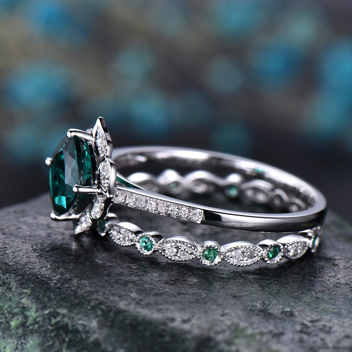 Emerald engagement ring set 14k white gold full eternity diamond matching band art deco halo gift wedding promise bridal ring set for her