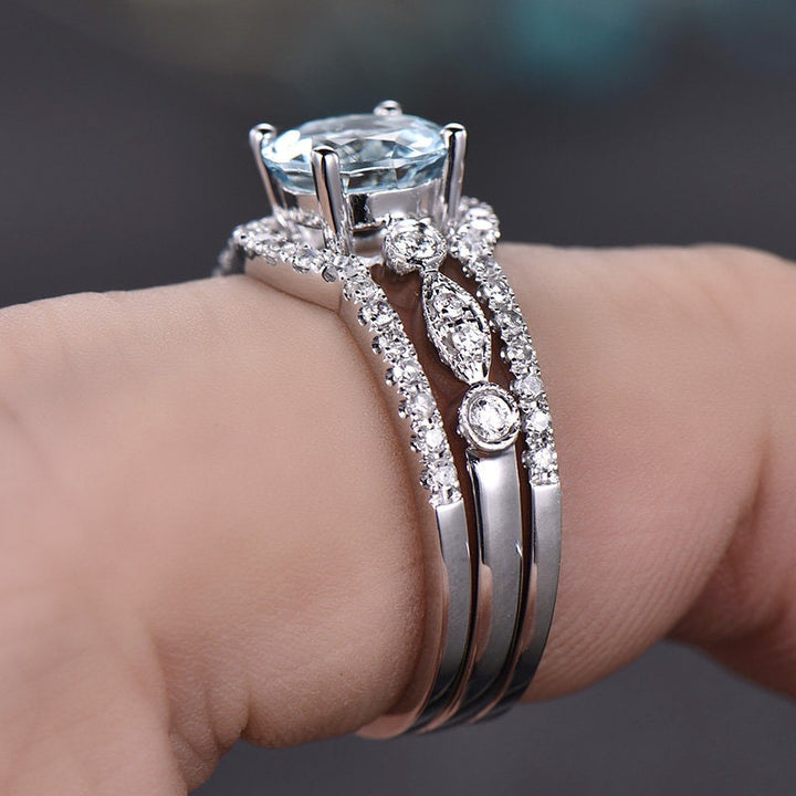 3pc blue aquamarine engagement ring set white gold diamond bridal set stacking matching band march birthstone unique wedding promise ring