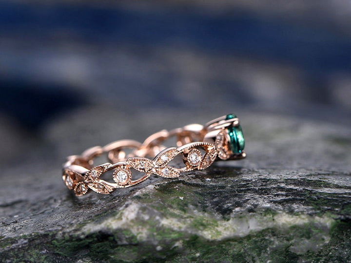 5mm emerald engagement ring rose gold emerald ring vintage full eternity diamond ring May birthstone unique gift bridal wedding promise ring