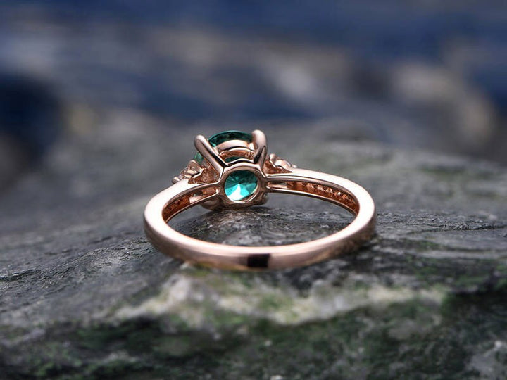 Three stone emerald engagement ring solid 14k rose gold ring real diamond ring emerald ring vintage may birthstone wedding promise ring