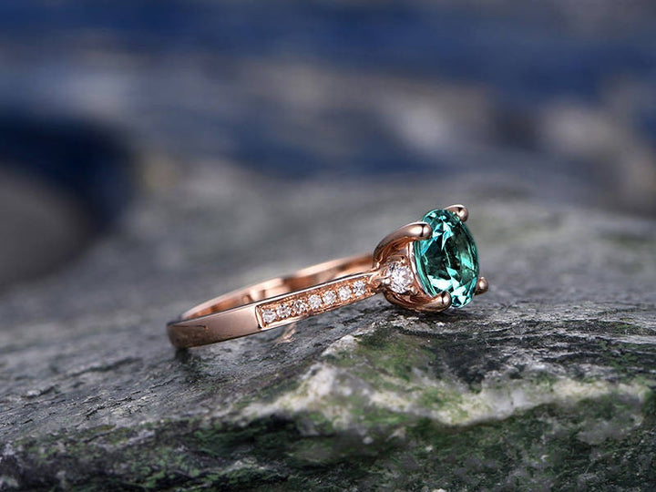 Three stone emerald engagement ring solid 14k rose gold ring real diamond ring emerald ring vintage may birthstone wedding promise ring