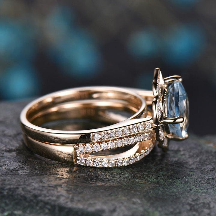 Blue aquamarine engagement ring set solid 14k yellow gold handmade diamond wedding ring 2PC stacking ring floral promise bridal ring set