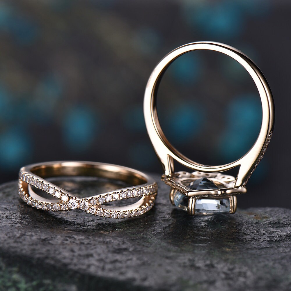 Blue aquamarine engagement ring set solid 14k yellow gold handmade diamond wedding ring 2PC stacking ring floral promise bridal ring set