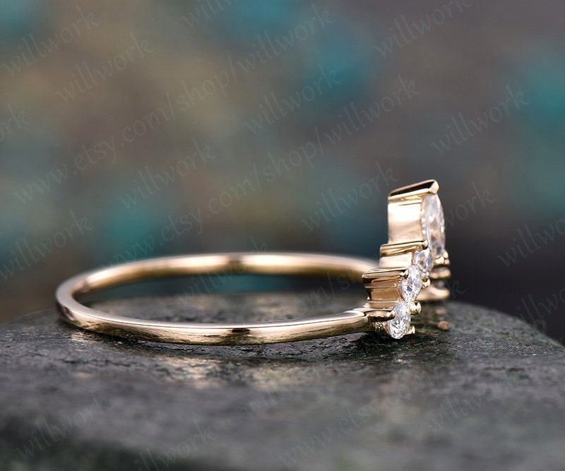 Marquise cut moissanite wedding ring 14k yellow gold crown moissanite matching band unique antique art deco curved wedding band gift for her