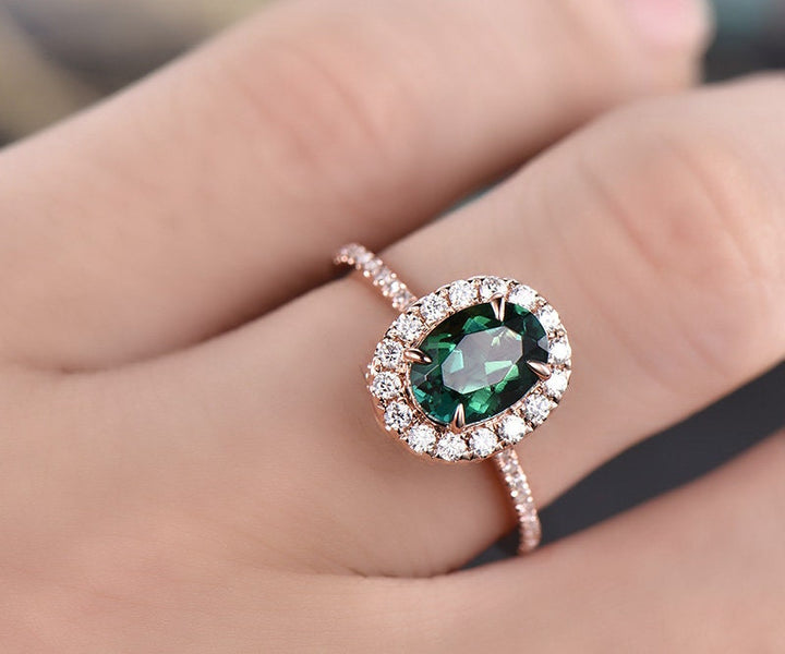 Green emerald engagement ring solid 14k yellow gold real diamond ring moissanite halo ring May birthstone oval vintage weddig promise ring