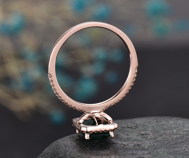 Green emerald engagement ring 14k rose gold handmade emerald ring vintage diamond halo ring stacking band bridal promise ring lab emerald