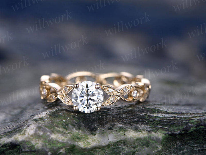 Round Lab Grown Diamond Engagement Ring Solid 14k Rose Gold Full Eternity Diamond Ring 5mm Round Cut Flower Unique Antique Gift Bridal Promise Ring