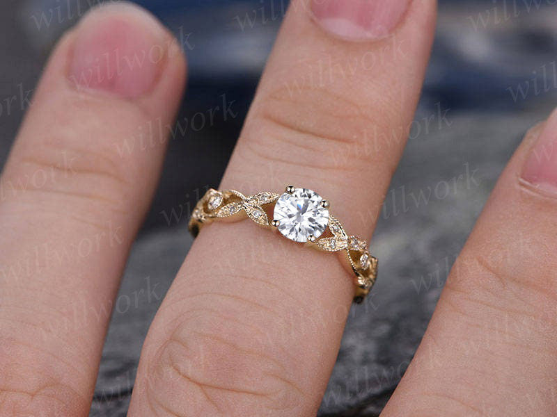 Round Moissanite Engagement Ring Solid 14k Rose Gold Full Eternity Ring 5mm Round Cut Moissanite Flower Unique Antique Gift Bridal Promise Ring