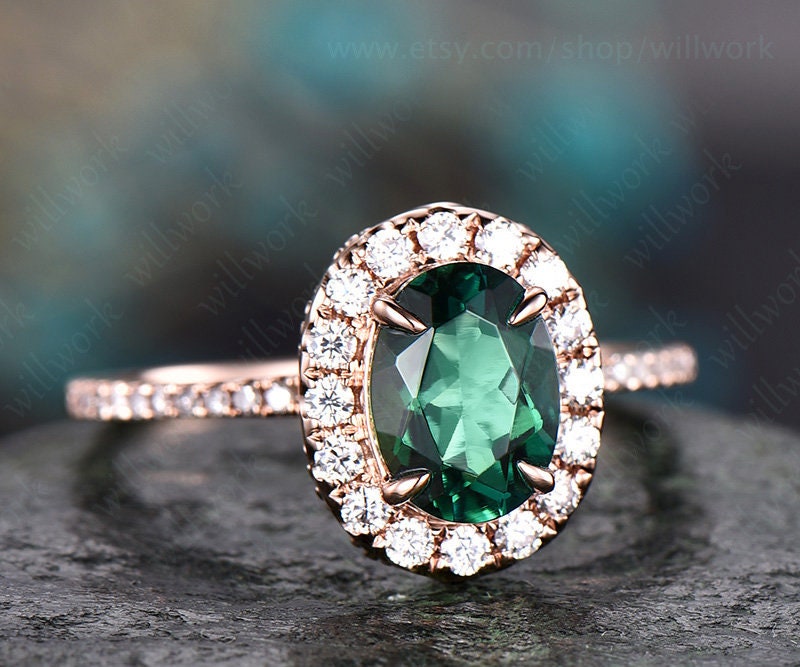 Green emerald engagement ring solid 14k yellow gold real diamond ring moissanite halo ring May birthstone oval vintage weddig promise ring