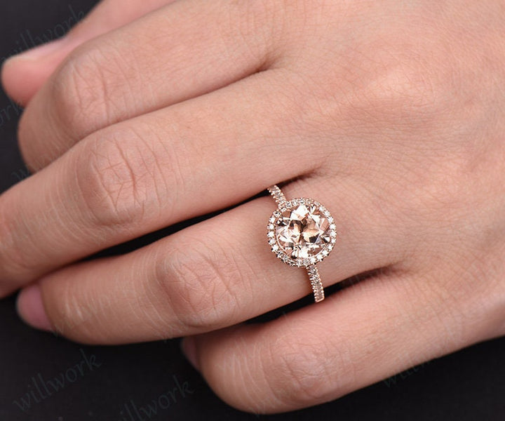 Morganite engagement ring rose gold handmade solid 14k rose gold real diamond ring 8mm round Cut gemstone promise halo bridal Ring
