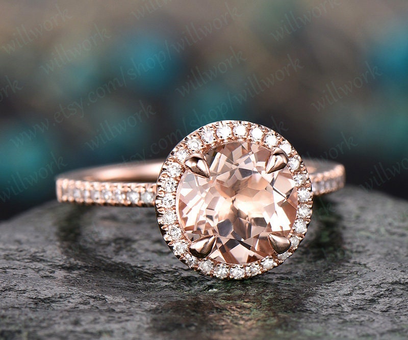 Morganite engagement ring rose gold handmade solid 14k rose gold real diamond ring 8mm round Cut gemstone promise halo bridal Ring