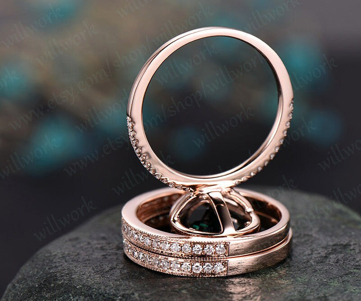 8x12mm pear emerald engagement ring set vintage 14k rose gold ring set diamond halo ring unique bridal ring set wedding promise ring set