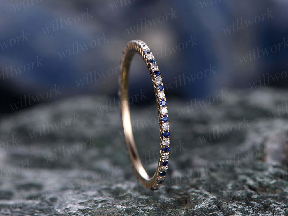 Natural blue sapphire wedding ring band solid 14k rose gold petite diamond ring full eternity tiny stones V Pave 1.2mm matching bridal band