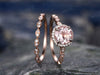 Morganite engagement ring set solid 14k rose gold handmade diamond halo ring 2pc stacking round marquise wedding promise anniversary ring