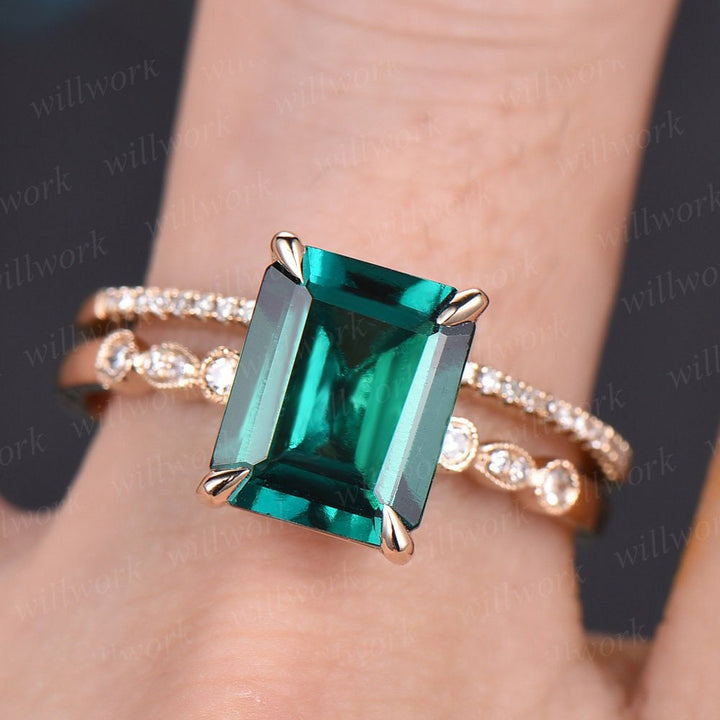 2pc emerald engagement ring set 14k yellow gold real diamond ring 8x10mm emerald ring gold stacking matching wedding bridal promise ring set