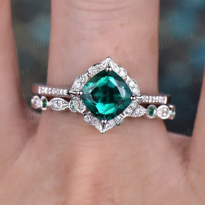 Cushion cut emerald engagement ring 14k white gold full eternity diamond matching band art deco halo  wedding promise bridal ring set women