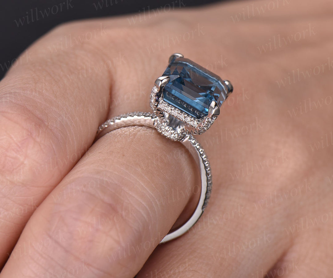 10x12mm London blue topaz engagement ring 14k white gold topaz ring under diamond halo basket infinity ring antique wedding promise ring