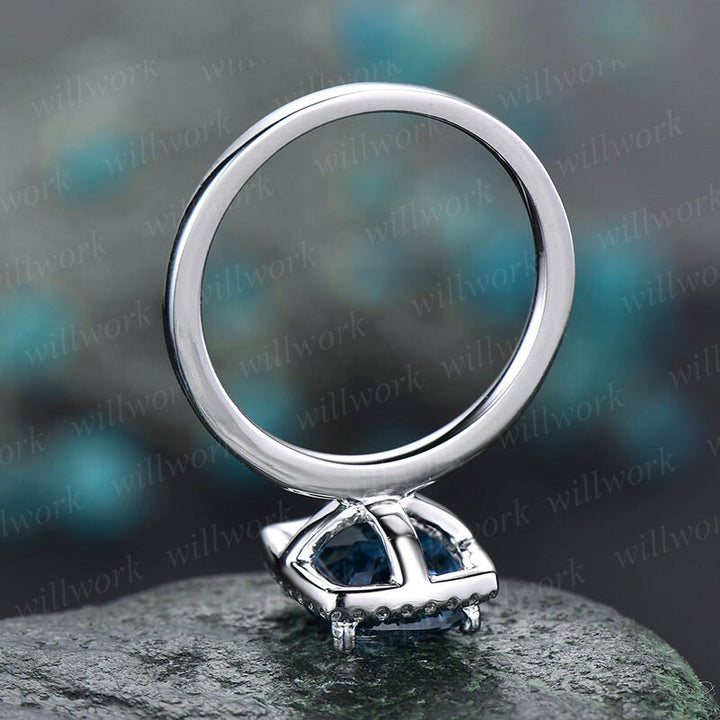 Cushion London blue topaz engagement ring 14k white gold diamond halo topaz ring gold unique antique bridal wedding promise ring for her