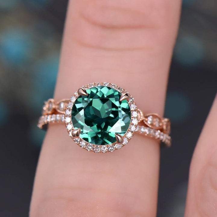 Emerald ring vintage emerald engagement ring set rose gold full eternity matching marquise diamond halo ring band bridal wedding ring set