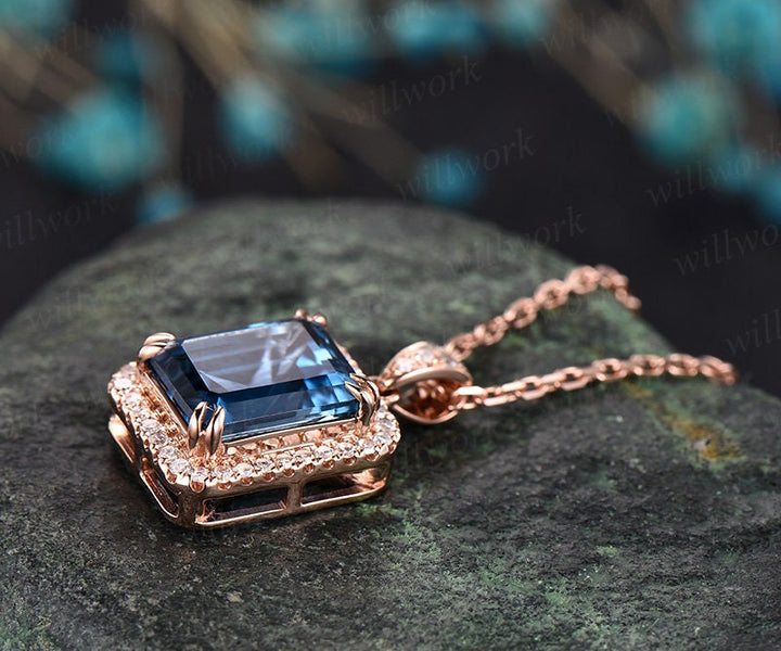 London blue topaz necklace blue topaz necklace 14k rose gold pendant December birthstone necklace dainty unique real diamond halo necklace
