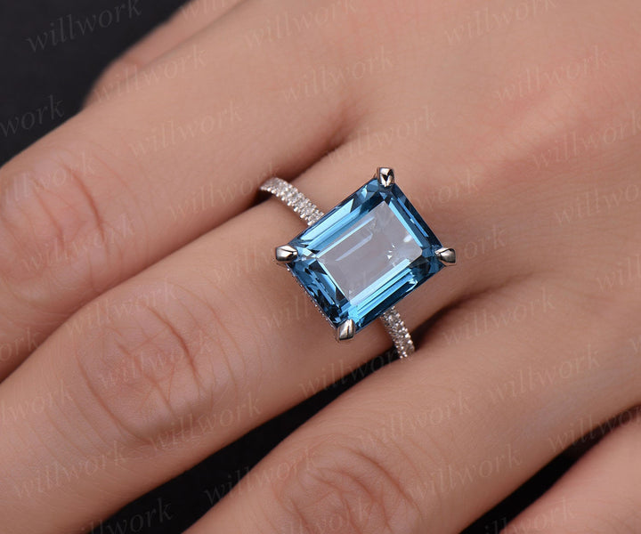 10x12mm London blue topaz engagement ring 14k white gold topaz ring under diamond halo basket infinity ring antique wedding promise ring