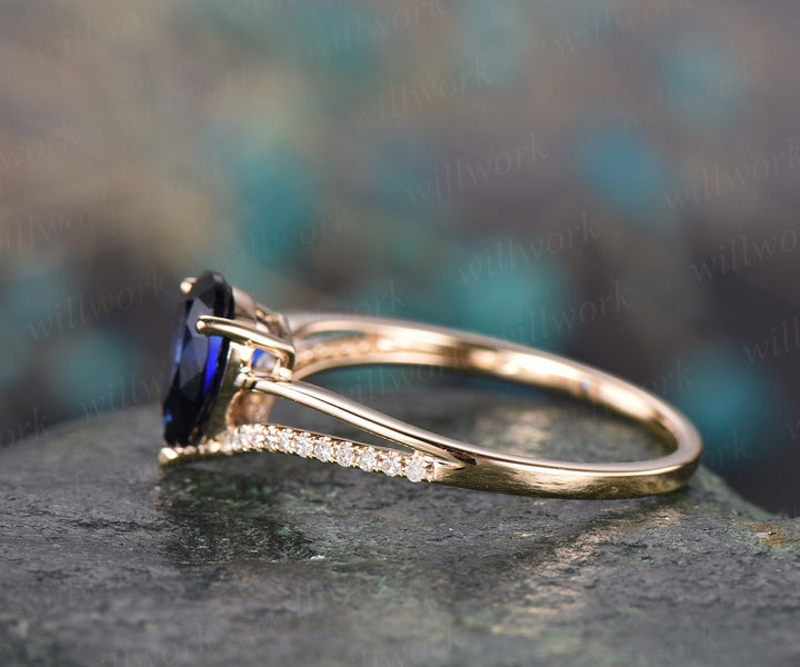 Pear blue sapphire engagement ring solid 14k yellow gold ring split shank diamond ring 6x8mm sapphire ring vintage gold women wedding ring