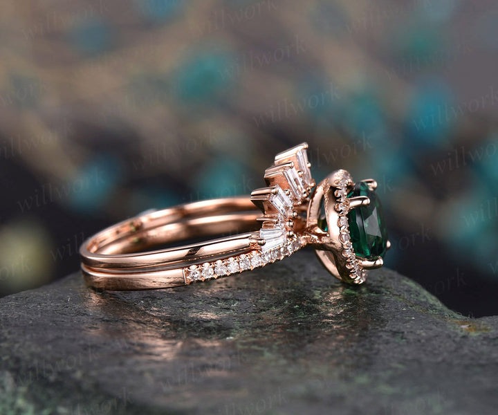 Green emerald engagement ring set rose gold real diamond ring matching stacking vintage unique crown halo wedding bridal promise ring set