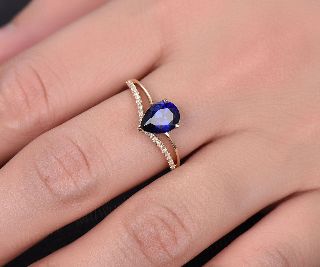 Pear blue sapphire engagement ring solid 14k yellow gold ring split shank diamond ring 6x8mm sapphire ring vintage gold women wedding ring