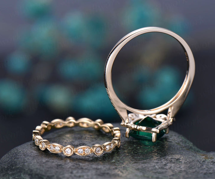 Green emerald engagement ring set yellow gold 2pc flower diamond halo full eternity matching art deco wedding May birthstone bridal ring set