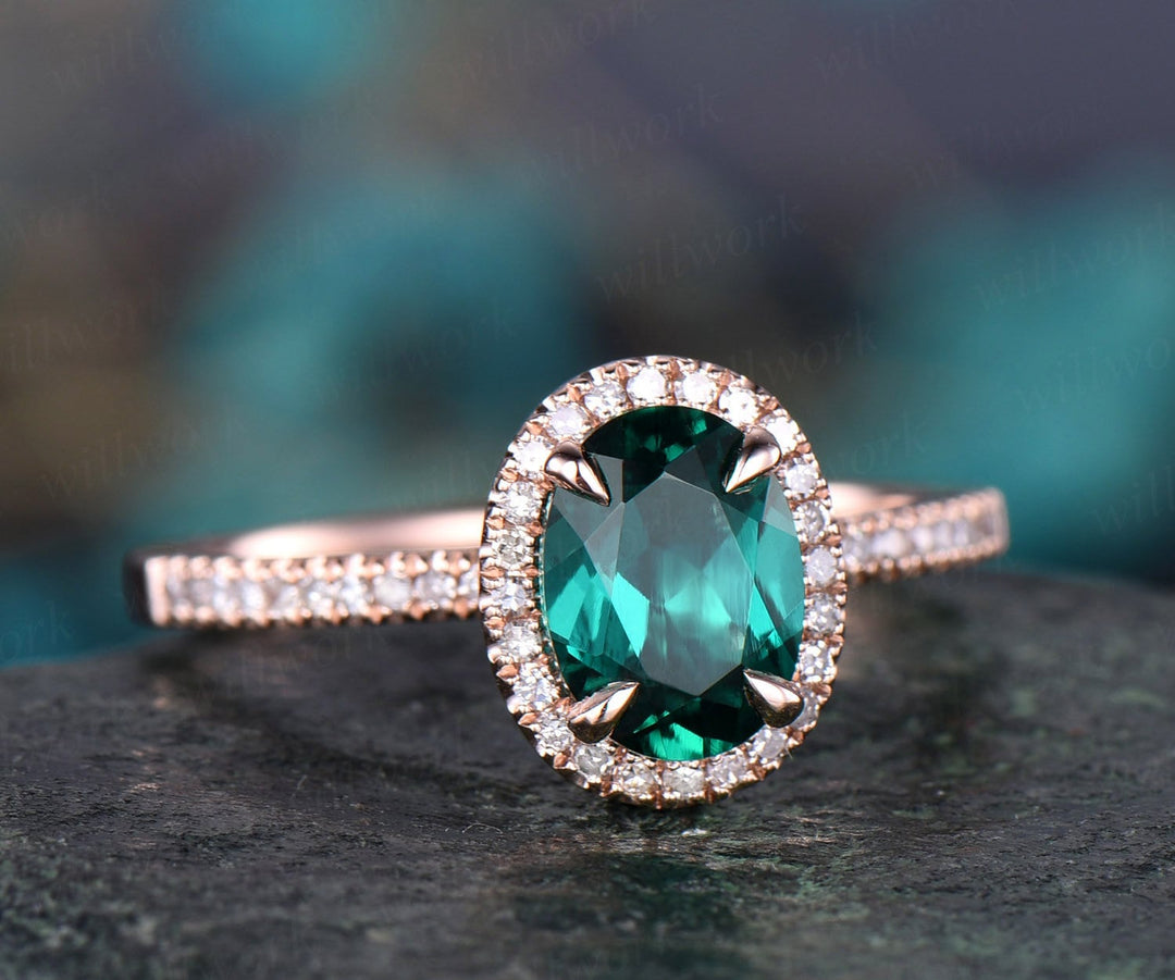 Emerald engagement ring 14k rose gold 1PC emerald ring vintage real diamond ring unique halo may birthstone promise wedding ring