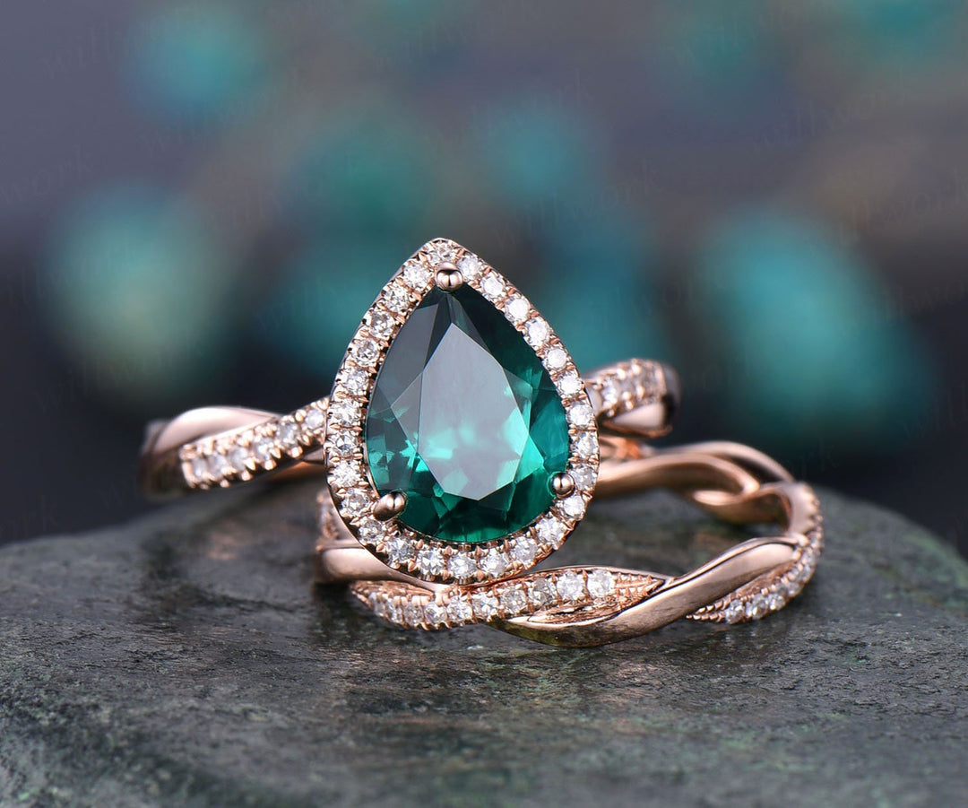 1 pc pear shaped emerald engagement ring set 14k rose gold emerald ring