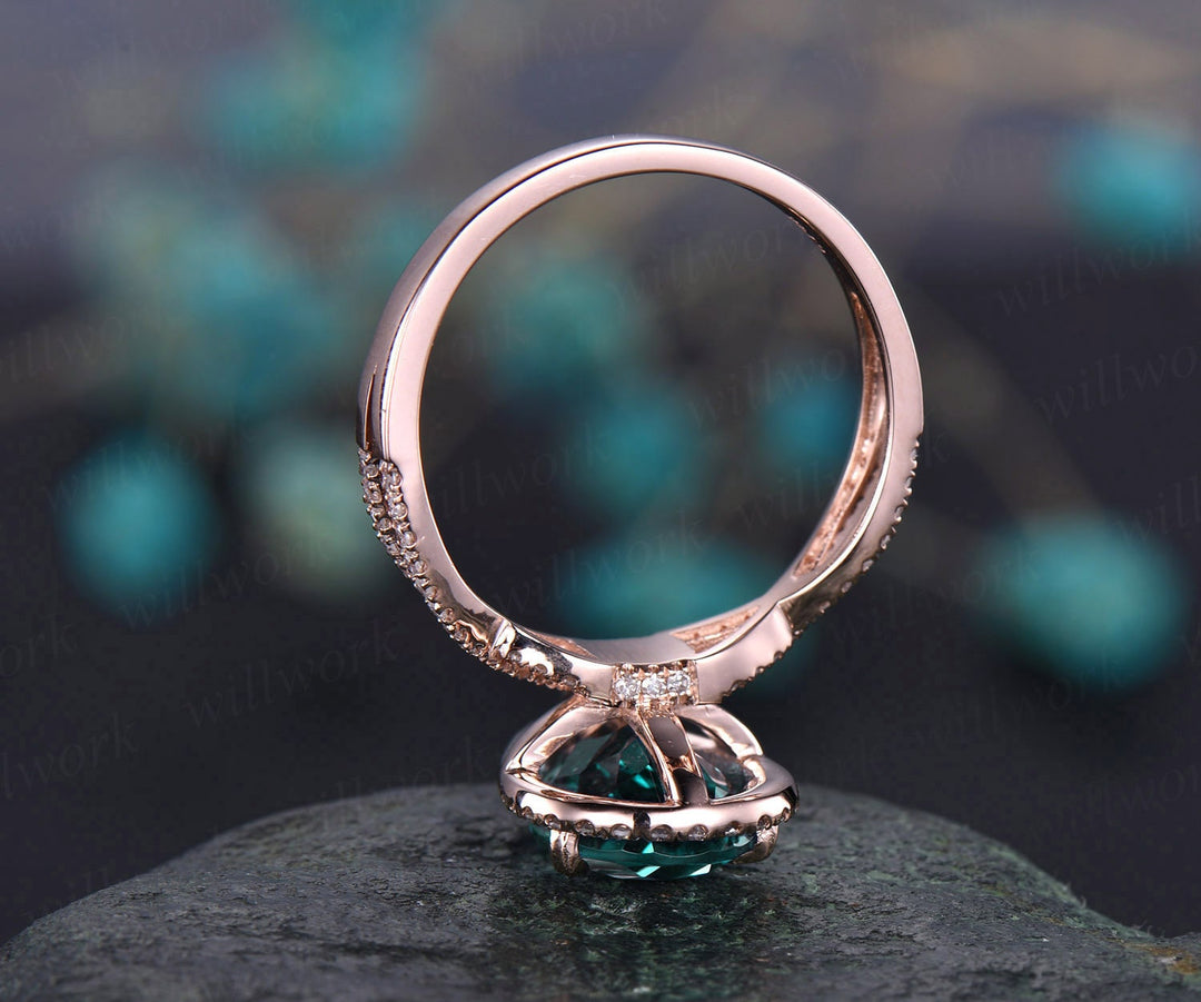 Emerald engagement ring 14k rose gold diamond halo ring split shank vintage May birthstone promise wedding bridal anniversary ring jewelry