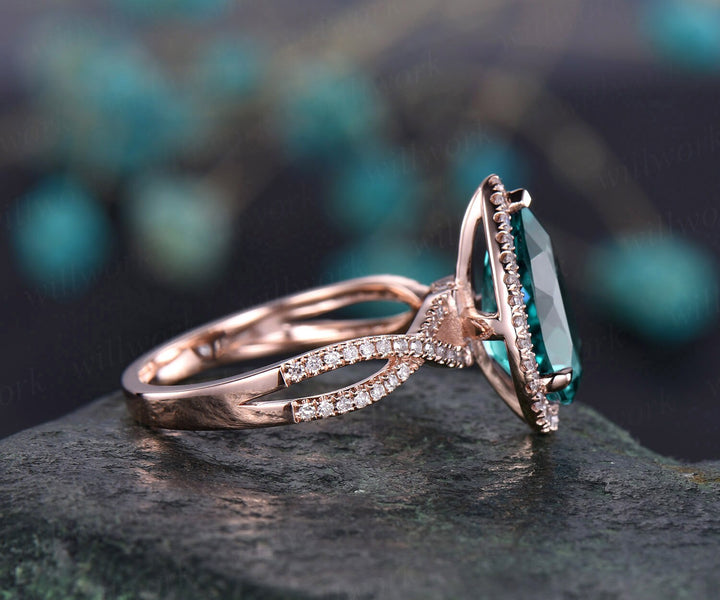 Emerald engagement ring 14k rose gold diamond halo ring split shank vintage May birthstone promise wedding bridal anniversary ring jewelry