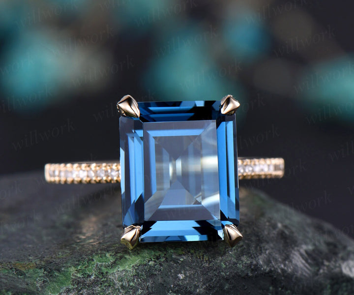 10x12mm London blue topaz engagement ring 14k rose gold big topaz ring gold under diamond halo basket women wedding promise ring jewelry