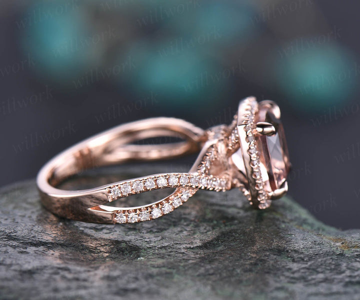 Cushion morganite ring morganite engagement ring rose gold vintage halo diamond ring infinity unique  jewelry promise wedding bridal ring