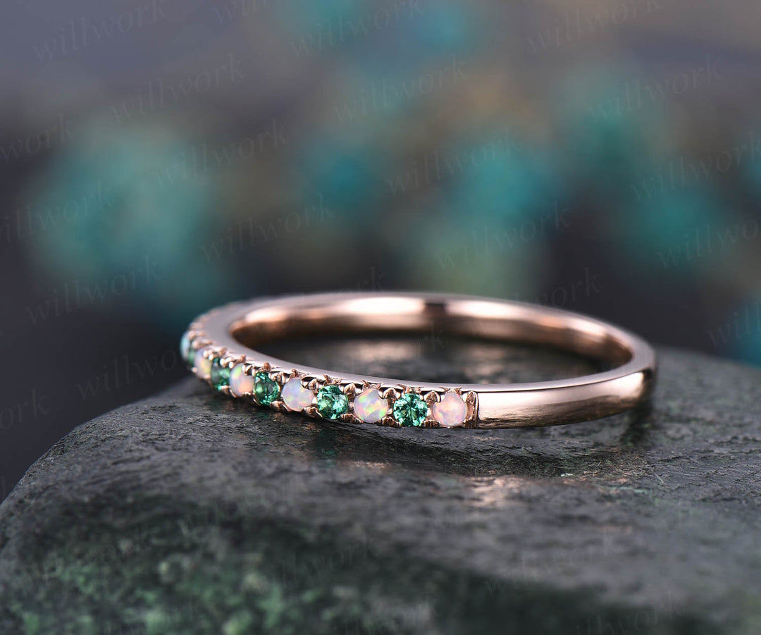 Opal ring for women emerald wedding ring band half eternity rose gold art deco opal wedding band May birthstone ring promise ring band gift