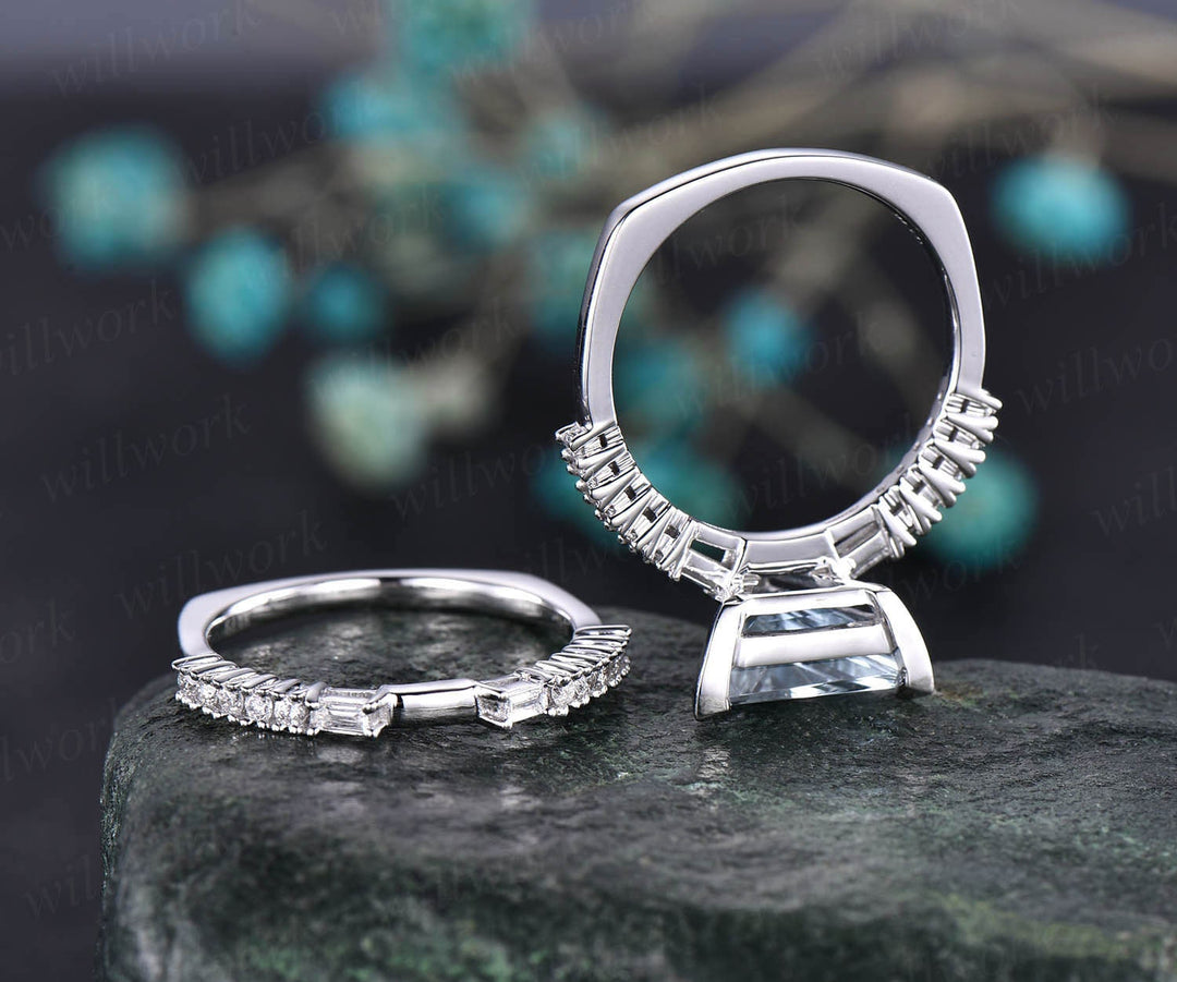 2pcs trillion cut aquamarine engagement ring set 14k white gold real diamond vintage antique unique March birthstone wedding bridal ring set