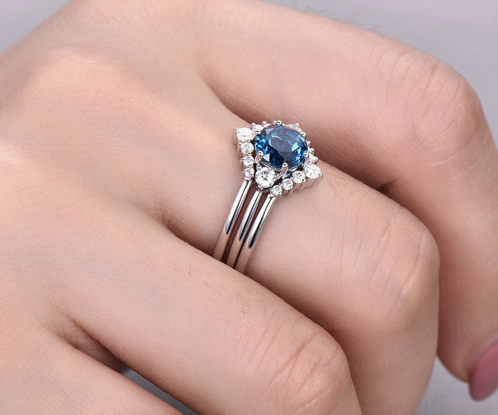 3pcs London blue topaz engagement ring set rose gold topaz ring vintage white gold moissanite matching stack women wedding bridal ring set