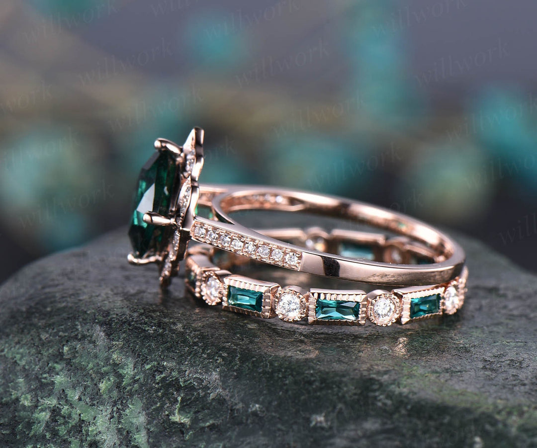 Green emerald engagement ring set white rose gold 2pc flower diamond halo full eternity emerald matching May birthstone bridal wedding ring